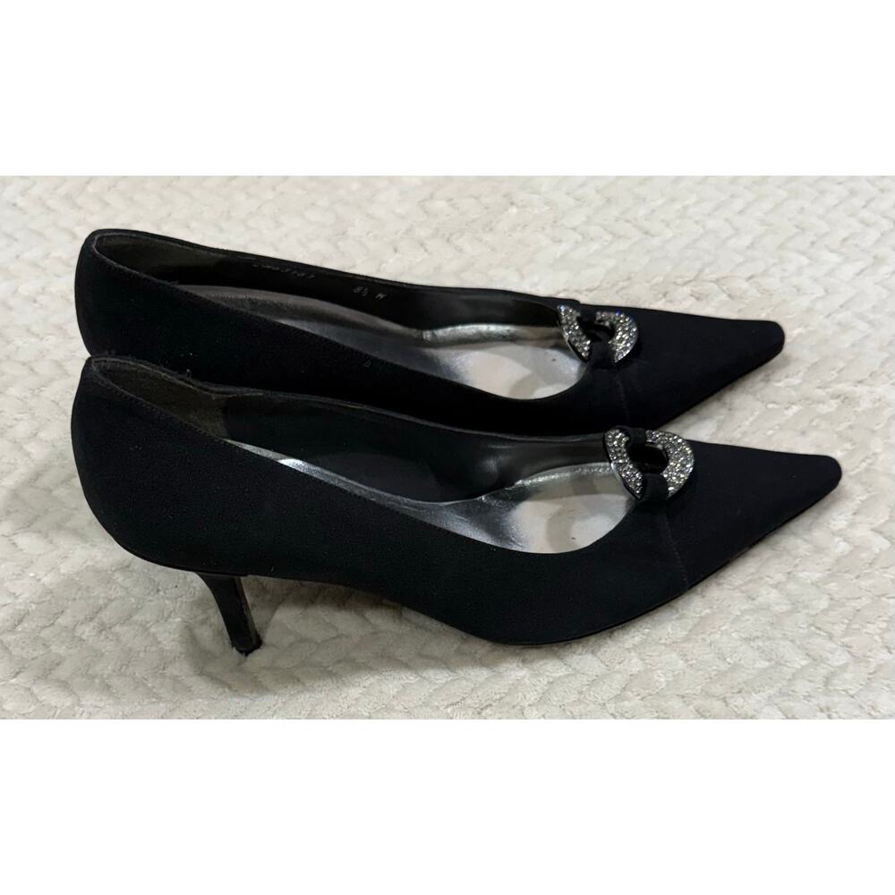 Stuart Weitzman Black Satin Crystal Buckle Pointed Toe Heels Pumps 8.5 M - Picture 3 of 7